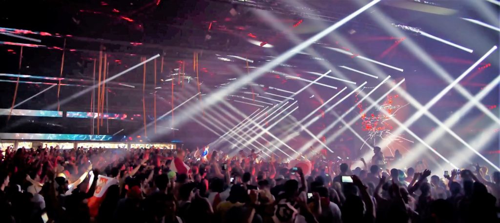 Crowd of people in music concert hall