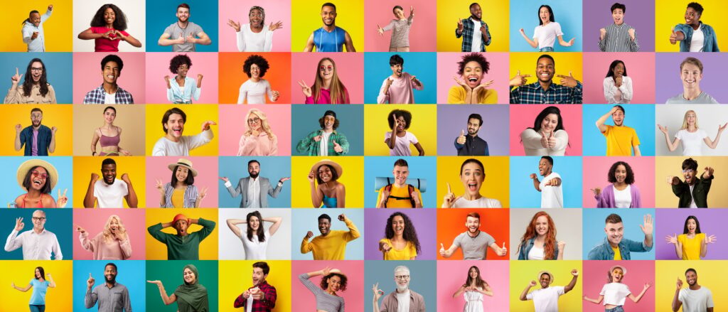 Cheerful surprised happy excited millennial and adult multiethnic people gesticulate, laugh and show Cheerful surprised happy excited millennial and adult multiethnic people gesticulate, laugh and show